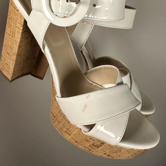 NeroGiardini White & Tan Cork Buckle Patent Leather Platform Heels Women's 11 - Picture 6 of 11